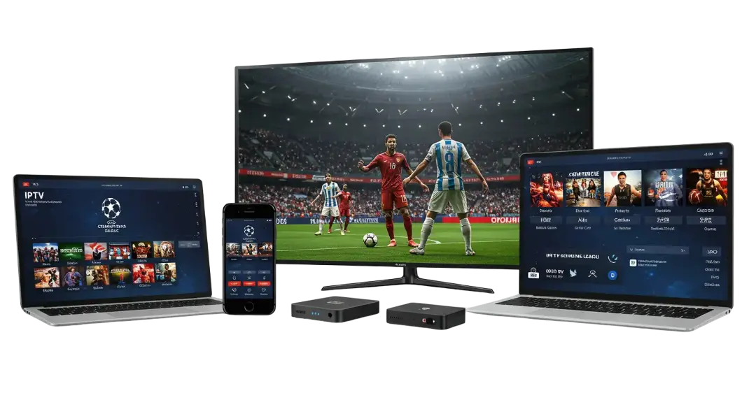 Falcon IPTV IPTV displayed across TV, monitor, laptop, phone and tablet